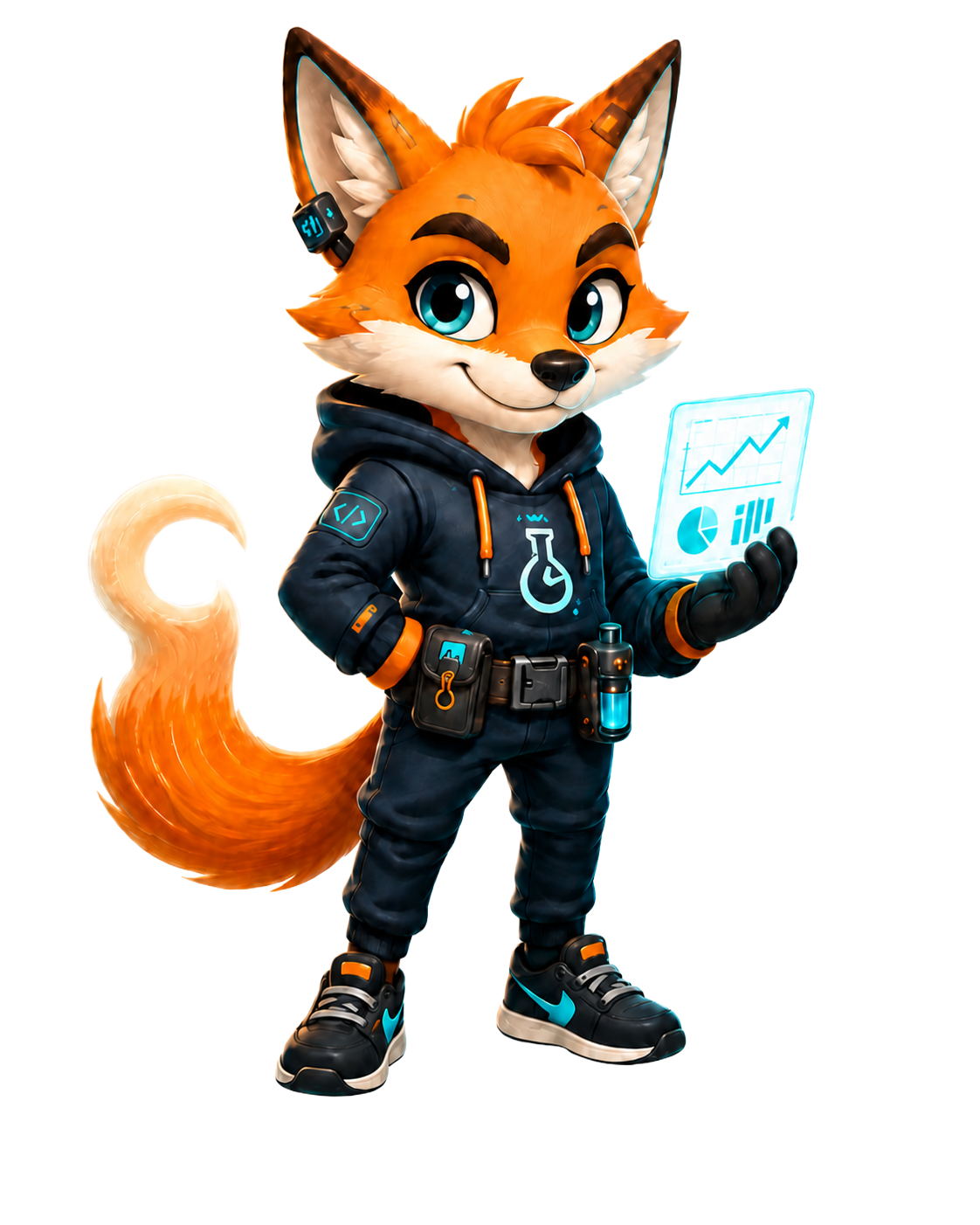 HookLab fox mascot holding an analytics dashboard